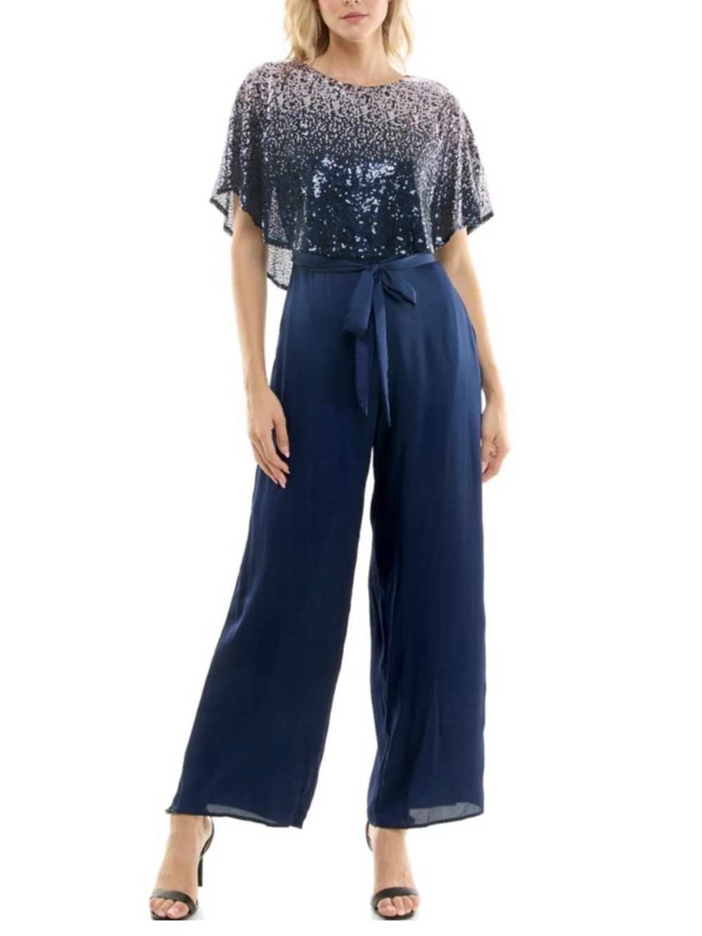 Gabby Skye Occasion Sequin navy blue Caplet Jumpsuit NWT size 14